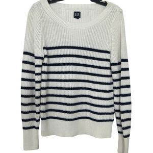 GAP Breton Stripe Cotton Sweater Navy Cream Nautical Coastal Chunky Knit Size M